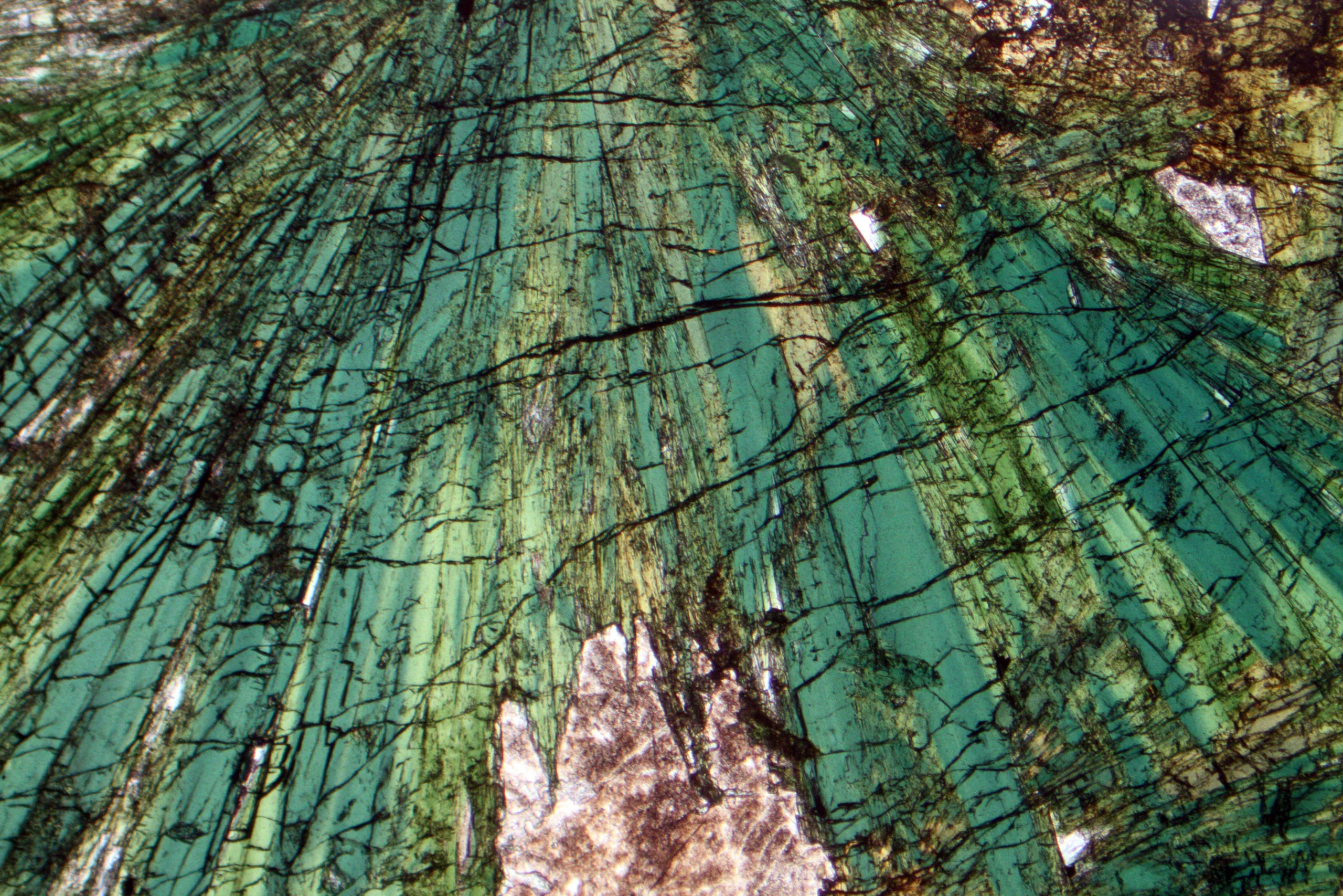 Photomicrograph of an aegirine-bearing rock thin section under cross-polarised light, showing fanning green crystals
