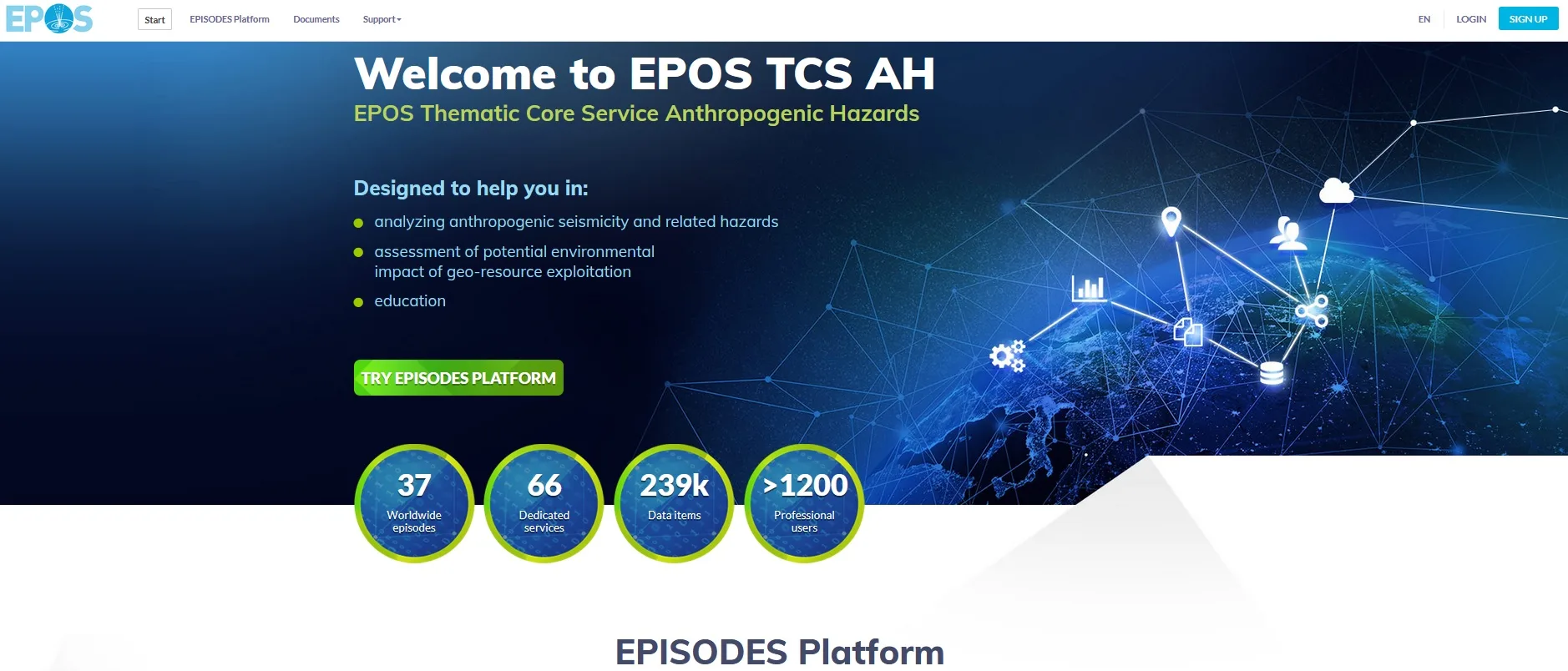 Screenshot of the EPISODES Platform landing
