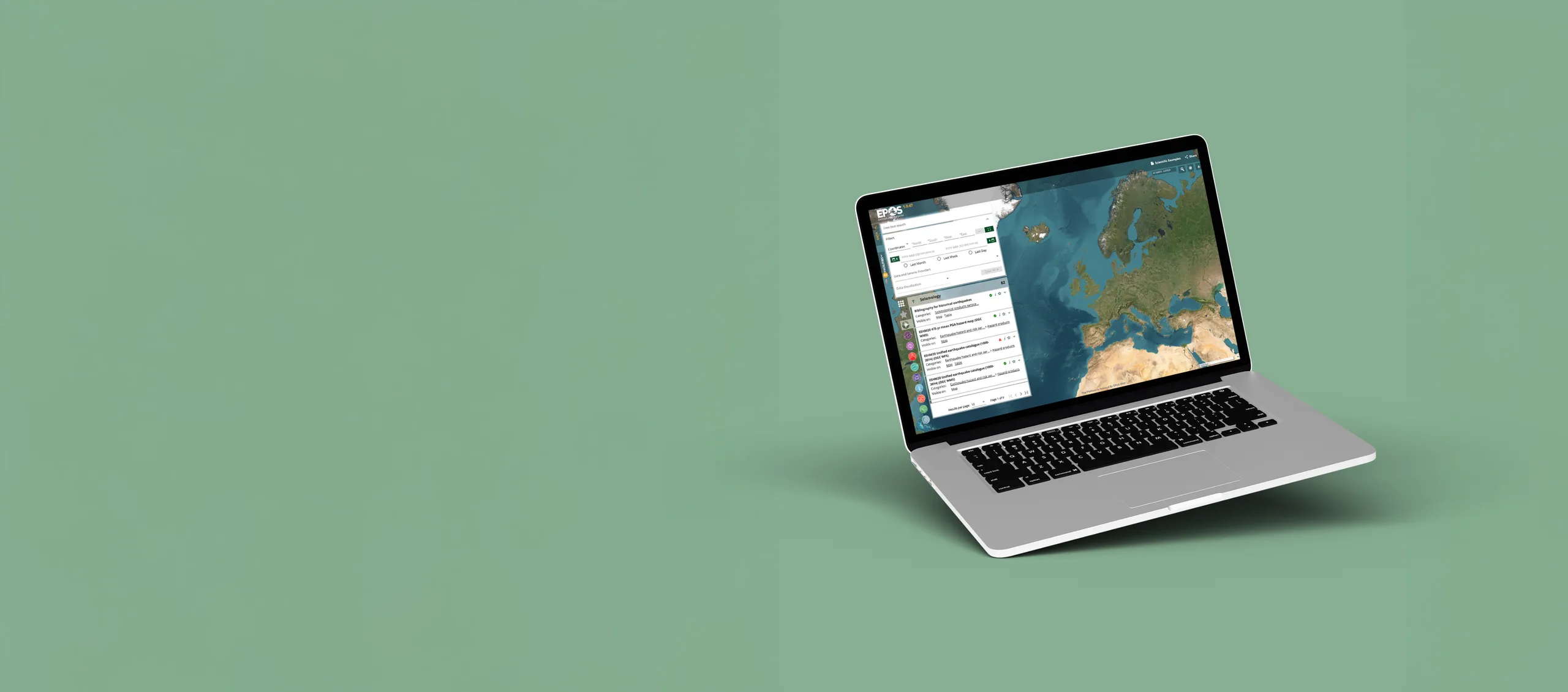 Laptop showing the EPOS ICS-C data portal interface with a map of European data providers