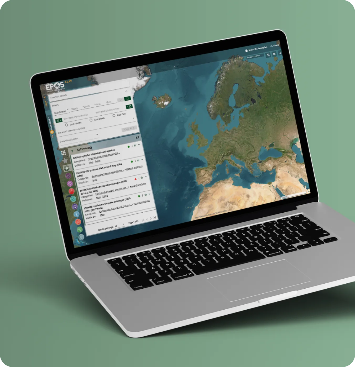 Laptop showing the EPOS ICS-C data portal interface with a map of European data providers